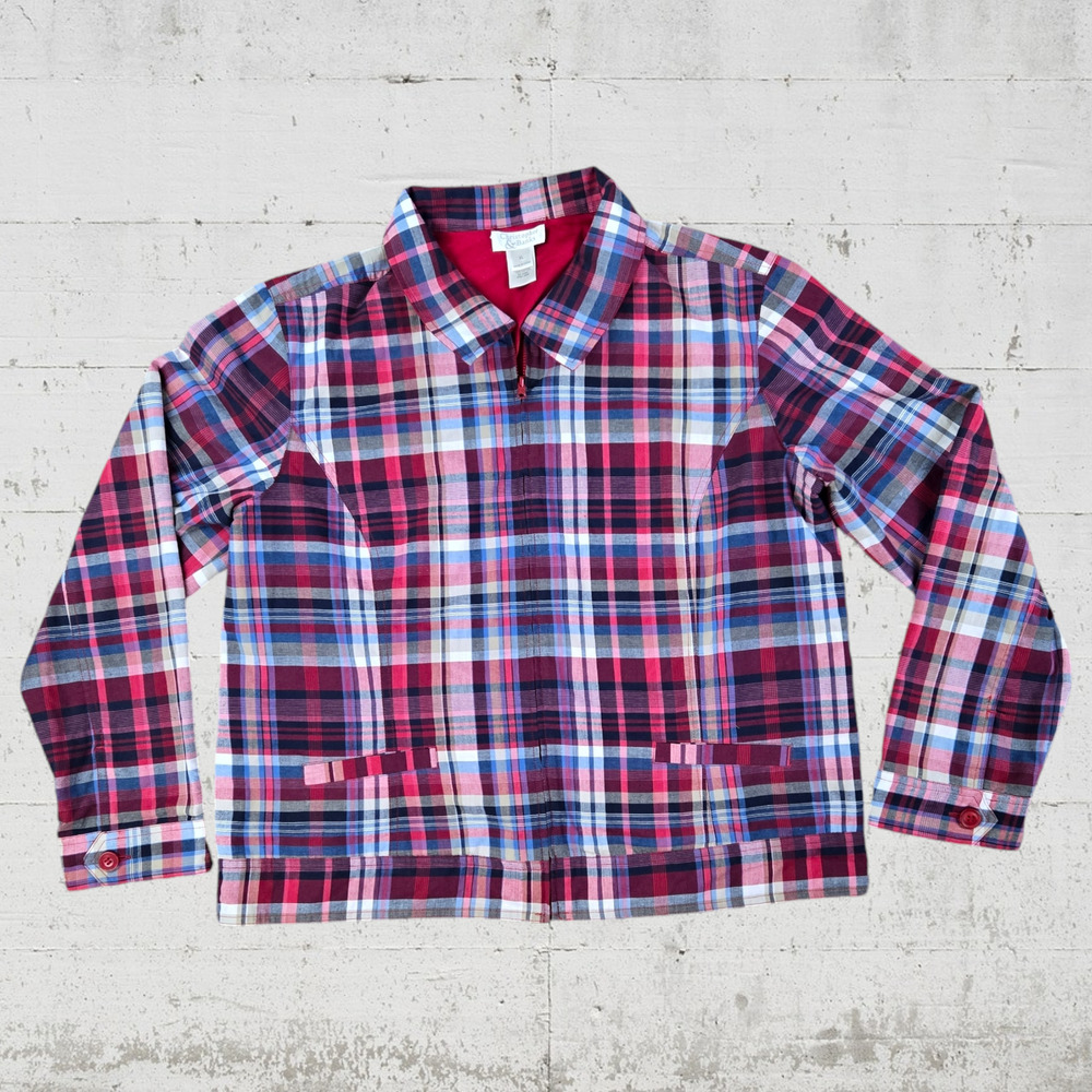 Y2K Red Blue Plaid Reversible Full Zip Collared Patriotic Spring Jacket Size XL - Picture 2 of 7